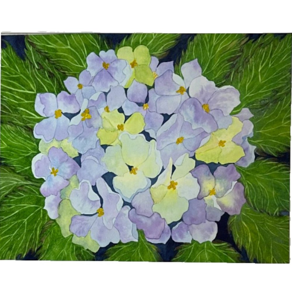 PAINTING WATERCOLOR ORIGINAL ART FLOWER HYDRANGEA PURPLE BLUE 11X14 & MAT 16X20